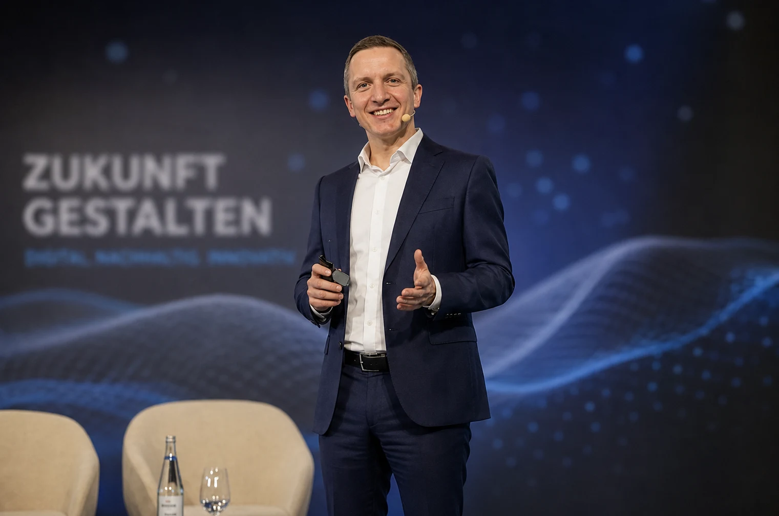 Andreas Wöhrmann bei einem Bühnenauftritt mit Headset und Präsentations-Clicker.